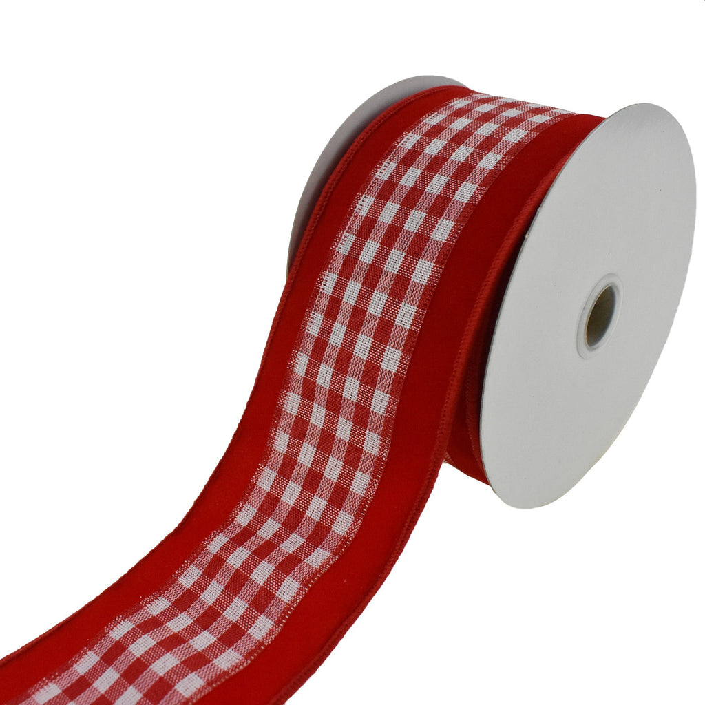 Gingham Center Velvet Edge Wired Ribbon, Red, 2-1/2-Inch, 10-Yard