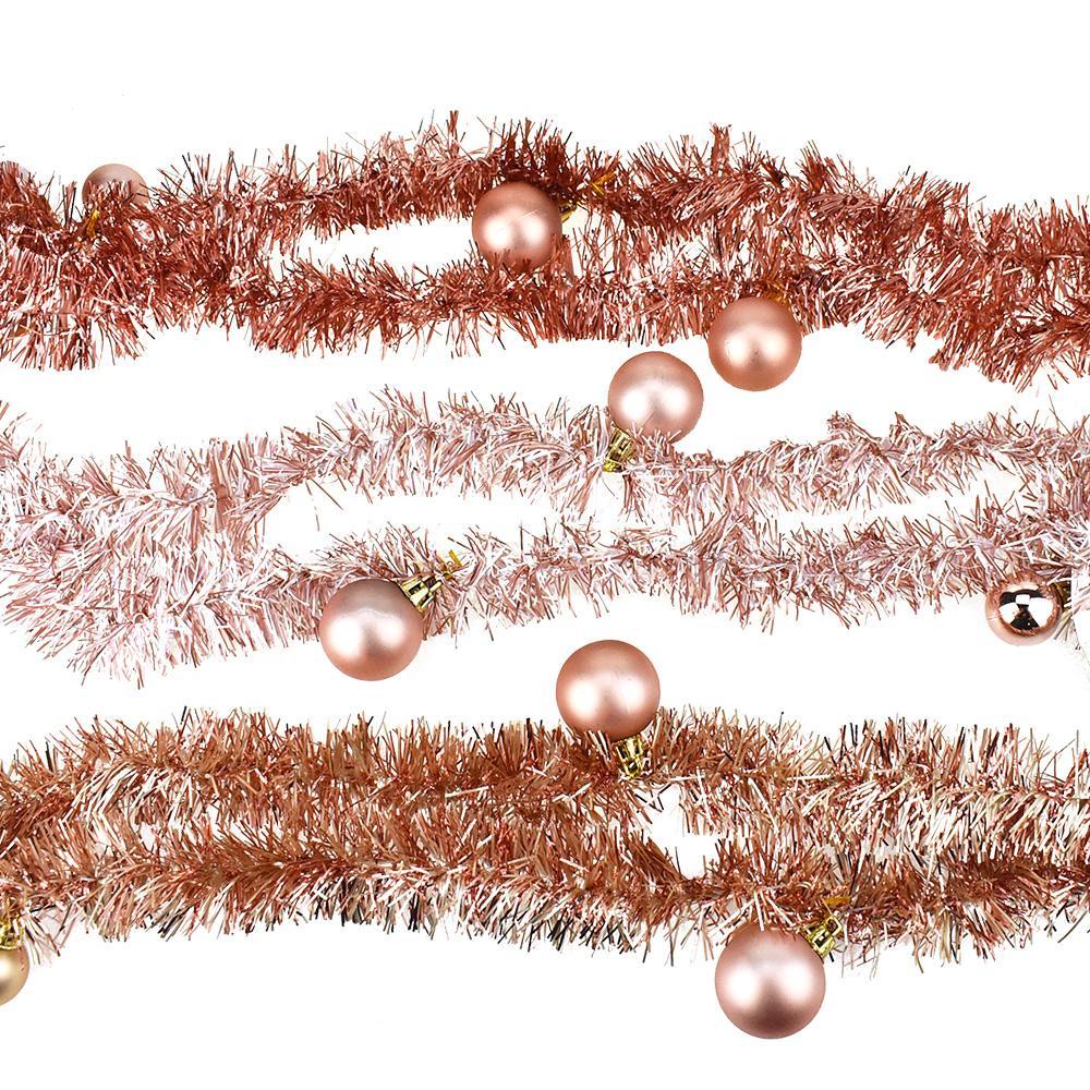 Christmas Tinsel and Ball Ornaments Garlands, Rose Gold, 7-1/2-Feet, 3-Piece