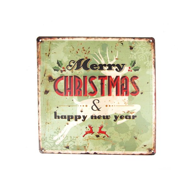 Vintage Style Metal Square "Merry Christmas" Sign with Reindeer, Light Green , 11-3/4-inch