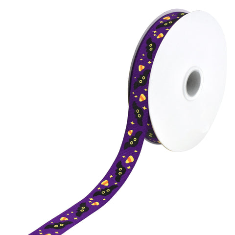 Halloween Candy Corn & Bats Grosgrain Ribbon, 5/8-Inch, 10-Yard - Purple