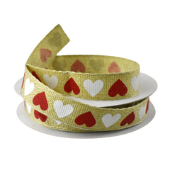 Valentines Red and White Hearts Faux Linen Ribbon, 5/8-Inch, 10-Yard