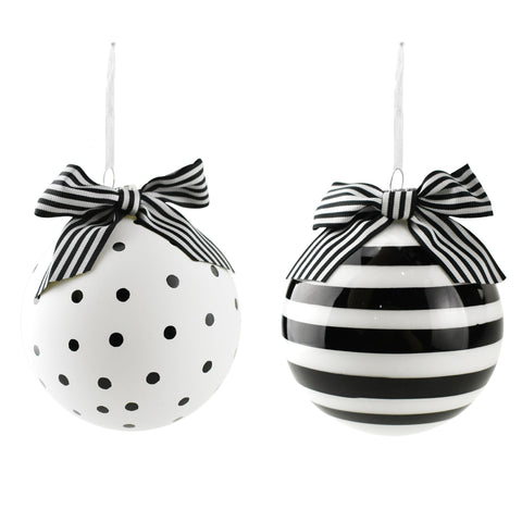 Monochrome Stripes and Dots Christmas Ball Ornaments, 3-1/2-Inch, 2-Piece