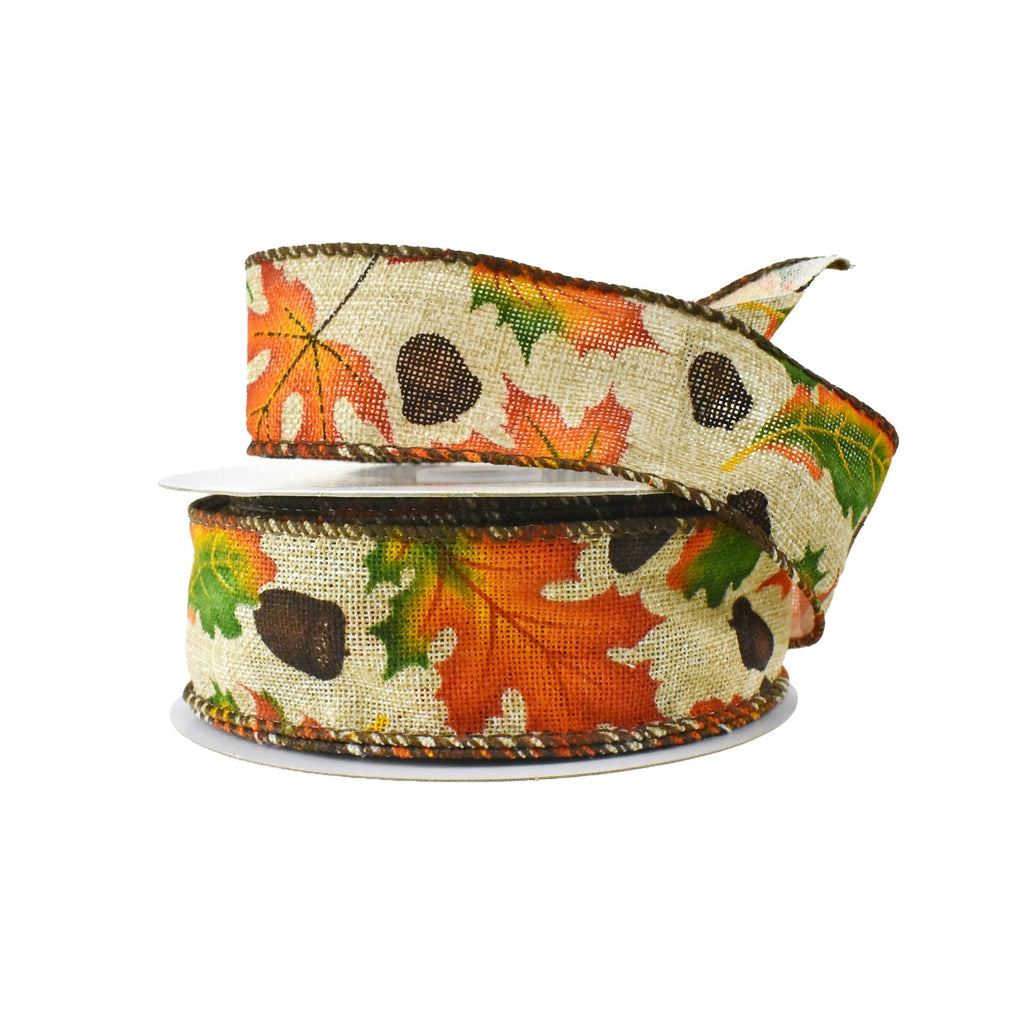 Autumn Leaves and Acorns Wired Ribbon, 10-yard