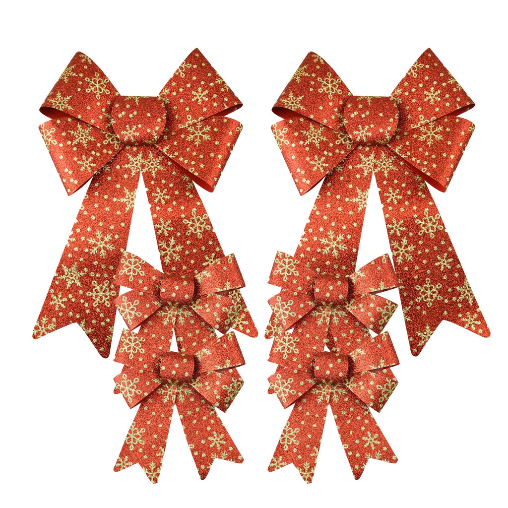 Glitter Snowflake Christmas Bows, Assorted Sizes, 6-Piece - Red/Gold