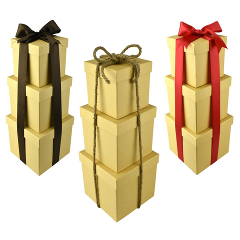 Nested Square Gift Boxes, Natural Kraft Brown, 5-inch, 6-inch, 7-inch, 3-piece, 1.5-inch Satin Ribbon