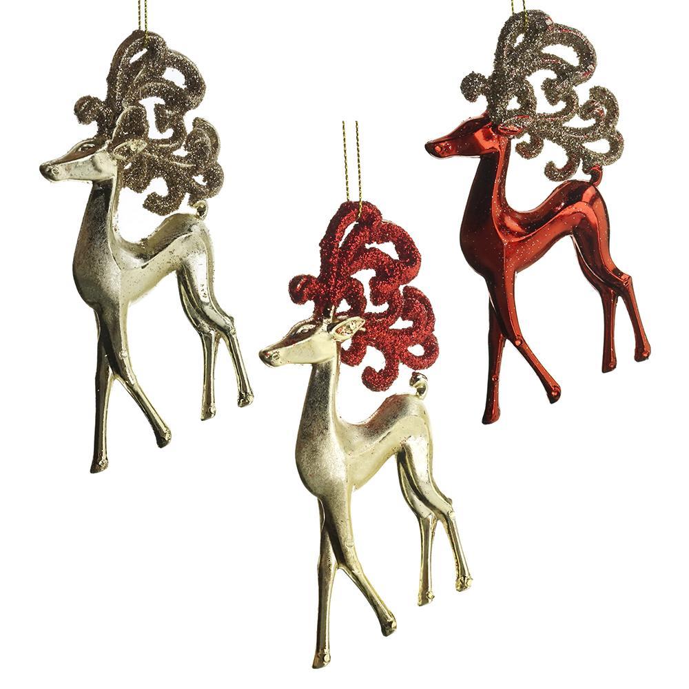 Christmas Shiny Standing Reindeer Ornaments, Red/Champagne, 5-1/4-Inch, 6-Piece