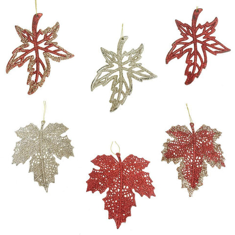 Glitter Autumn Leaves, Red/Champagne, 5-Inch, 12-Piece