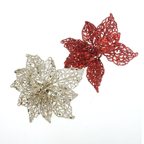 Clip On Glitter Lace Poinsettias Christmas Decoration, 2-Piece