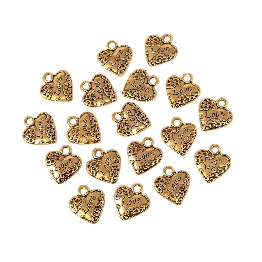 Small Heart w/ Love Metal Charms, Gold, 3/4-Inch, 18-Count