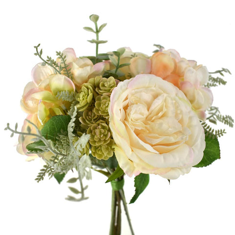 Silk Rose and Hydrangea Bouquet with Succulents, Cream Peach, 11-Inch