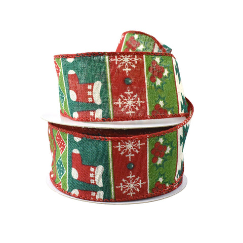 Retro Muted Christmas Stripes Wired Ribbon, 1-1/2-Inch, 10-Yard