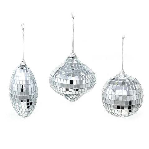 Assorted Shape Mirror Christmas Ornaments, Silver, 3-Piece