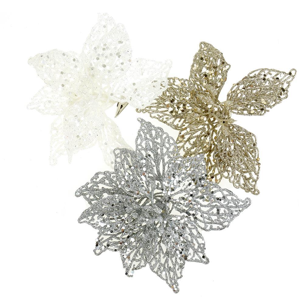 Clip On Glitter Lace Poinsettias Christmas Decoration, 3-Piece