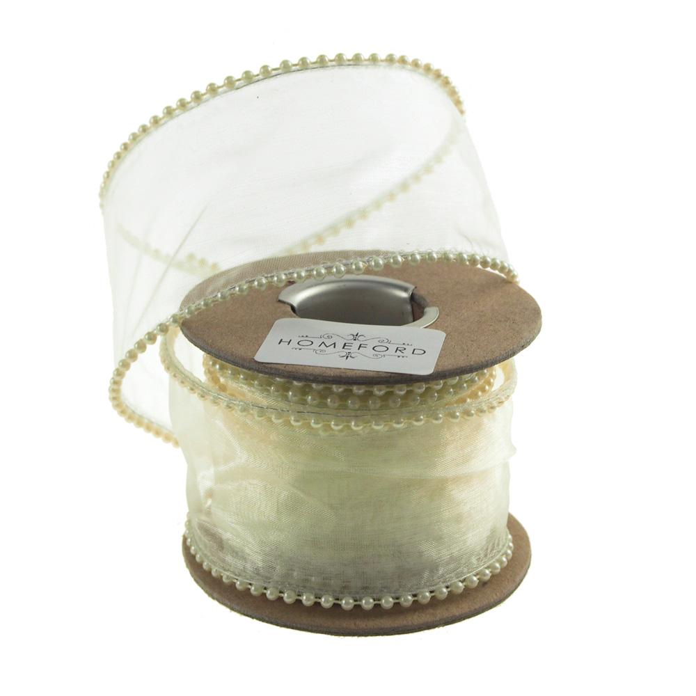 Ivory Pearls Edge Wired Sheer Luxury Ribbon, 2-Inch, 5-Yard