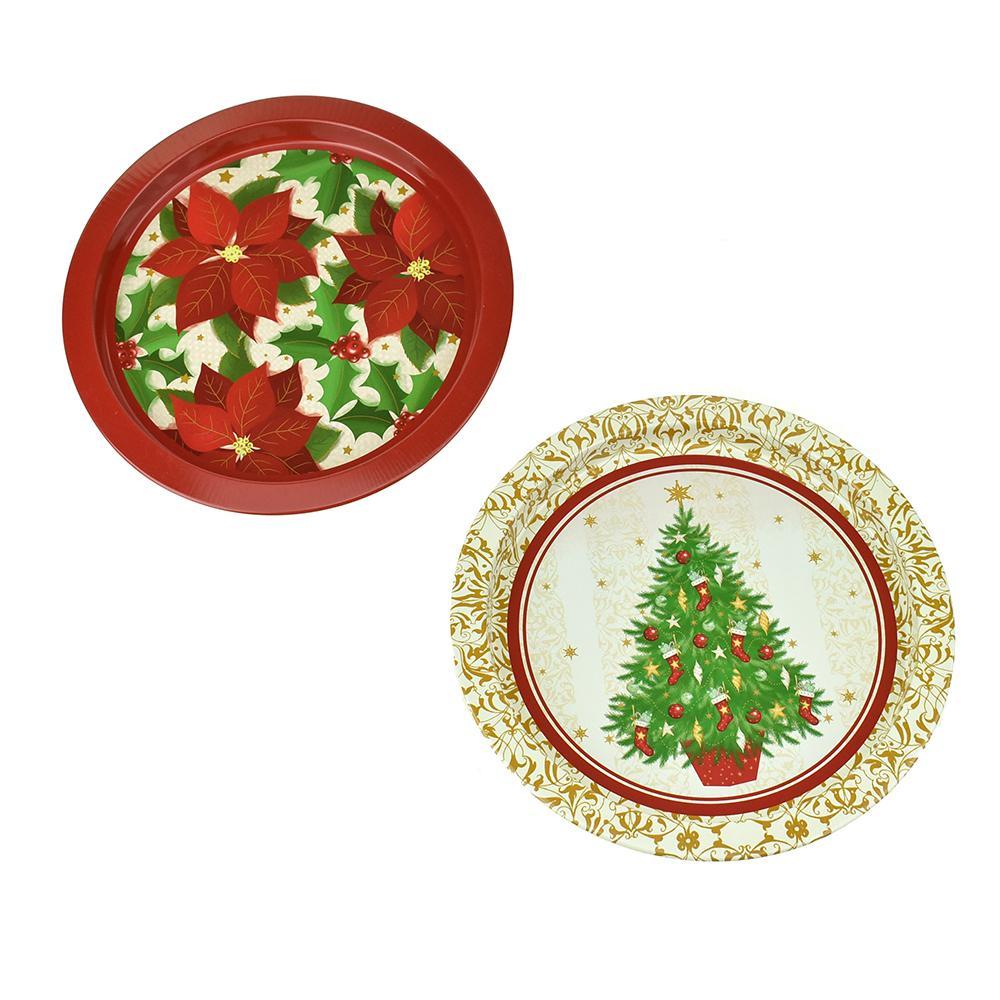 Round Metal Christmas Tin Trays, 10-Inch, 2-Piece