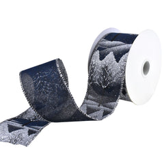 Glitter Silver Winter Trees Faux Linen Wired Ribbon, 2-1/2-Inch, 10-Yard - Navy Blue