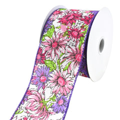 Lined Daisies Faux Linen Wired Ribbon, 2-1/2-Inch, 10-Yard