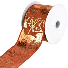 Embossed Autumn Leaves Faux Linen Wired Ribbon, 2-1/2-Inch, 10-Yard