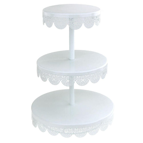 Round Metal Cupcake Stand with Eyelet Edge, 3-Tier, White, 14-Inch