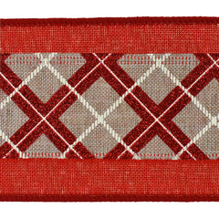Glittered Plaid Faux Linen Wired Ribbon, 2-1/2-Inch, 10-Yard - Red