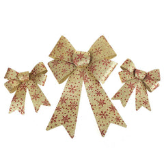 Glitter Snowflake Print Plastic Christmas Bows, Red/Gold, 6-Piece