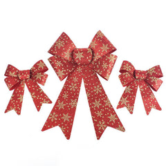 Glitter Snowflake Print Plastic Christmas Bows, Red/Gold, 6-Piece