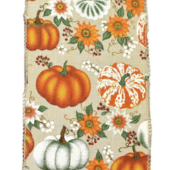 Pumpkins and Fall Harvest Flowers Wired Ribbon, 4-Inch, 10-Yard