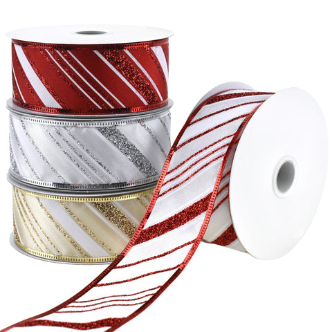 Glittered Christmas Diagonal Stripes Wired Ribbon, 1-1/2-Inch, 10-Yard