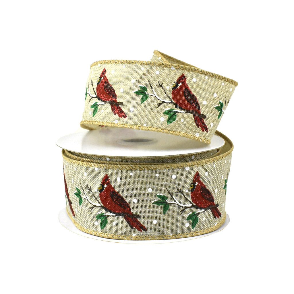 Christmas Cardinals on Snowy Branch Wired Ribbon, 1-1/2-Inch, 10-Yard