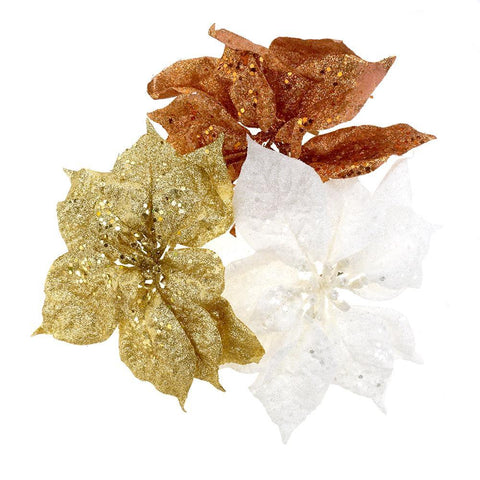 Clip On Glitter Poinsettias Christmas Decoration, 3-Piece