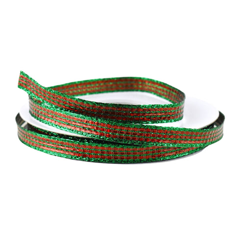 Metallic Shimmer Block Stripes Wired Ribbon, 3/8-Inch, 25-Yard - Red/Green