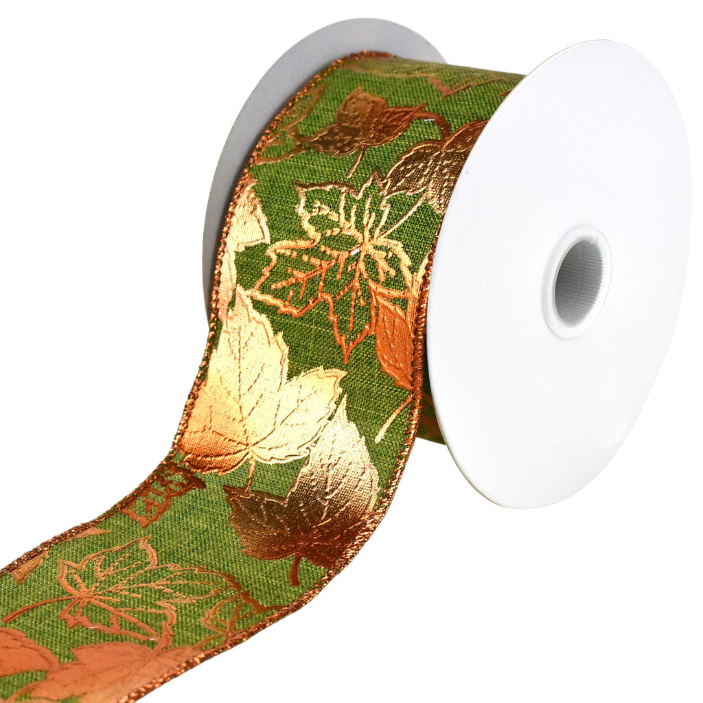 Embossed Metallic Autumn Leaves Wired Ribbon, 2-1/2-inch, 10-yard
