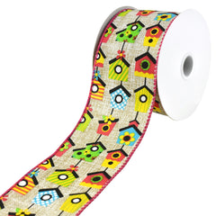 Printed Bright Birdhouses Faux Linen Wired Ribbon, 10-yard