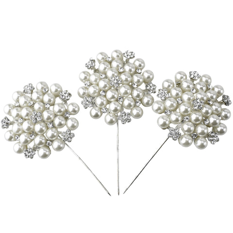 Rhinestone Pearl Cluster Pins, 3-1/2-Inch, 3-Count - Silver