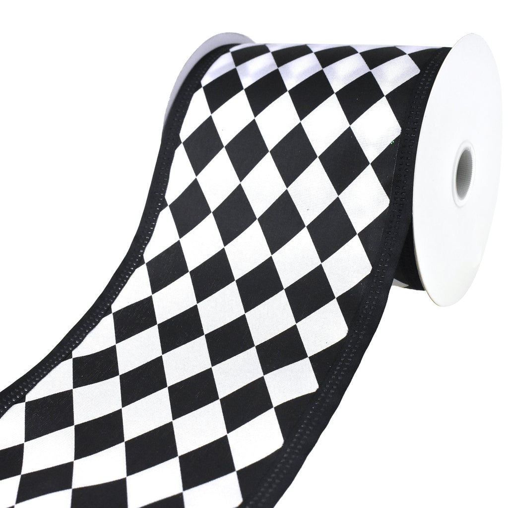 Harlequin Diamond Polyester Wired Ribbon, 4-Inch, 10-Yard - Black/White