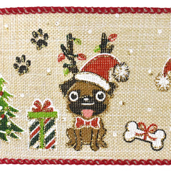 Dogs and Christmas Presents Faux Linen Wired Ribbon, 2-1/2-inch, 10-yard