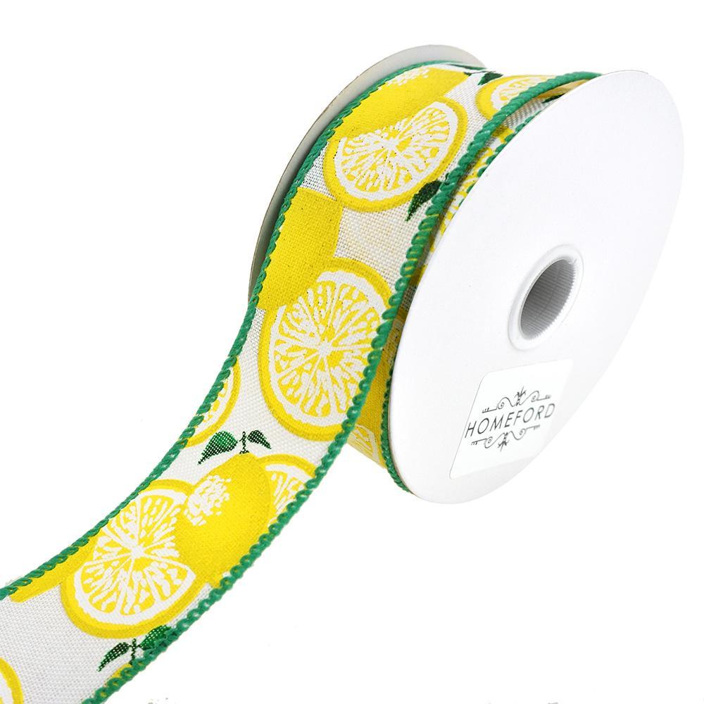 Bright Printed Lemons Wired Linen Ribbon, 1-1/2-Inch, 10-Yard