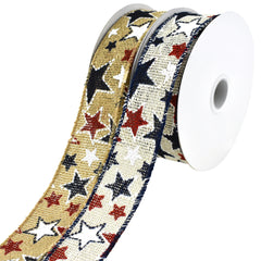 Patriotic Stars Faux Burlap Wired Ribbon, 1-1/2-Inch, 10-Yard