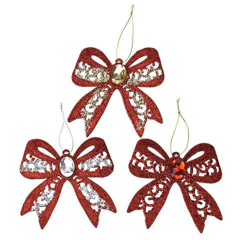 Glittered Bows with Jewel Accent Christmas Ornaments, 4-1/4-Inch, 9-Piece