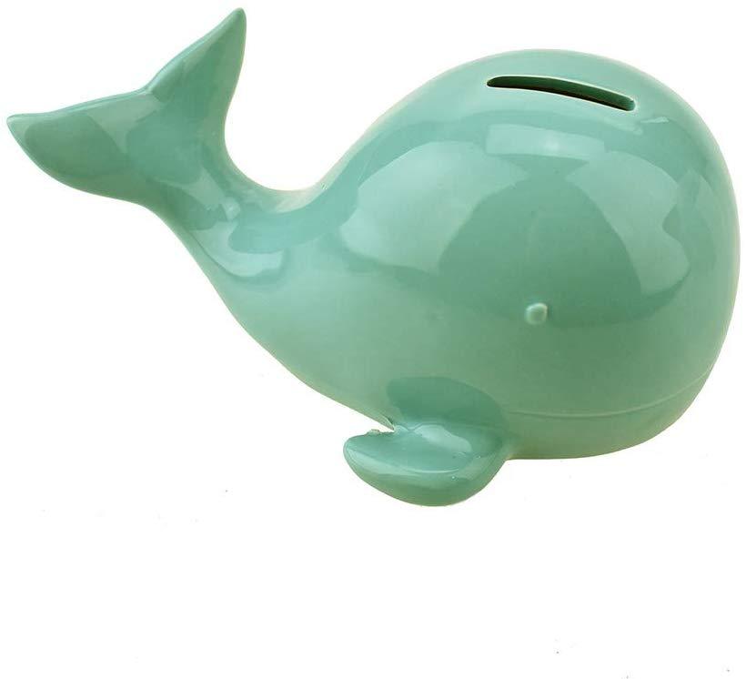 Ceramic Happy Whale Coin Bank, Turquoise, 4-Inch