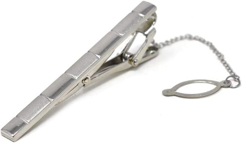 Mens Tie Bar Pinch Clip with Button Chain, 2.1-inch