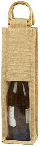 Clear Window Jute Wine Bag Wooden Handle, 1 Bottle, 14-inch, 5-piece