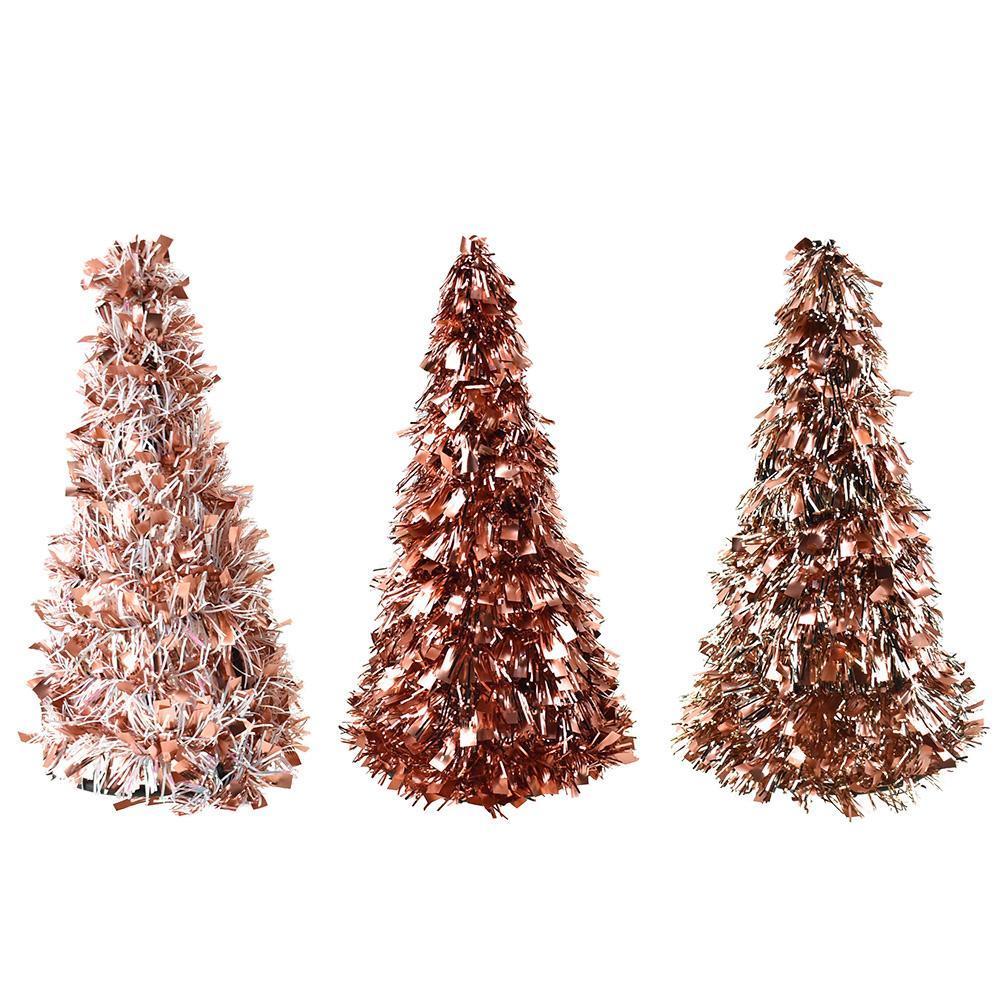 Tinsel Christmas Tree Tabletop Decorations, Rose Gold, 10-Inch, 3-Piece
