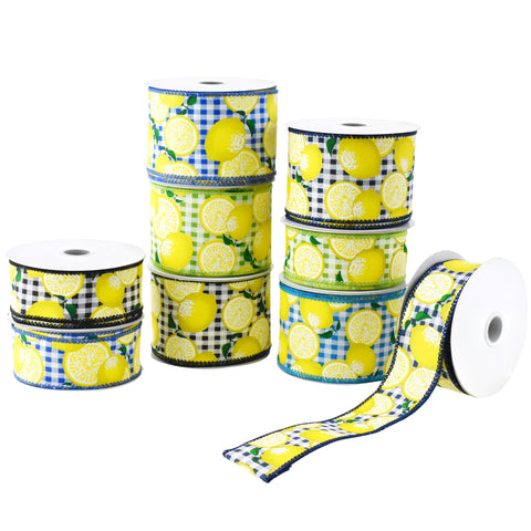 Gingham Printed Lemons Wired Ribbon, 10-yard