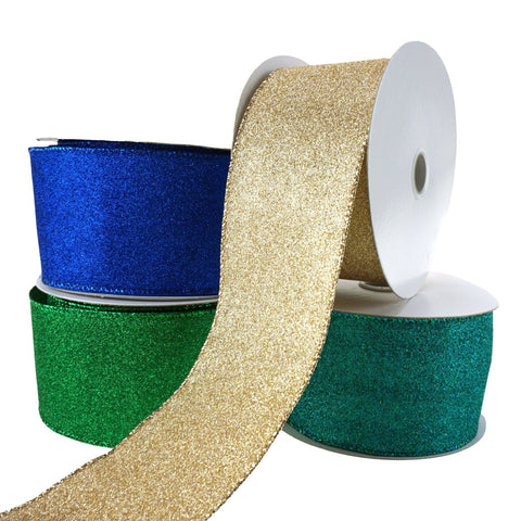 Christmas Flat Glitter Wired Edge Ribbon, 10-Yard