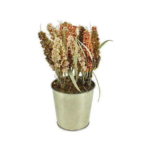 Artificial Dry Wheat in Metal Bucket Fall Arrangement, 10-Inch