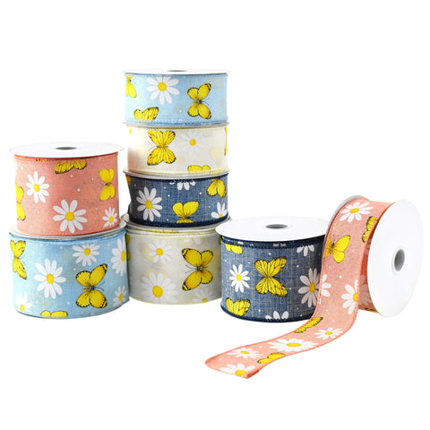 Daisies and Butterflies Faux Linen Wired Ribbon, 10-yard