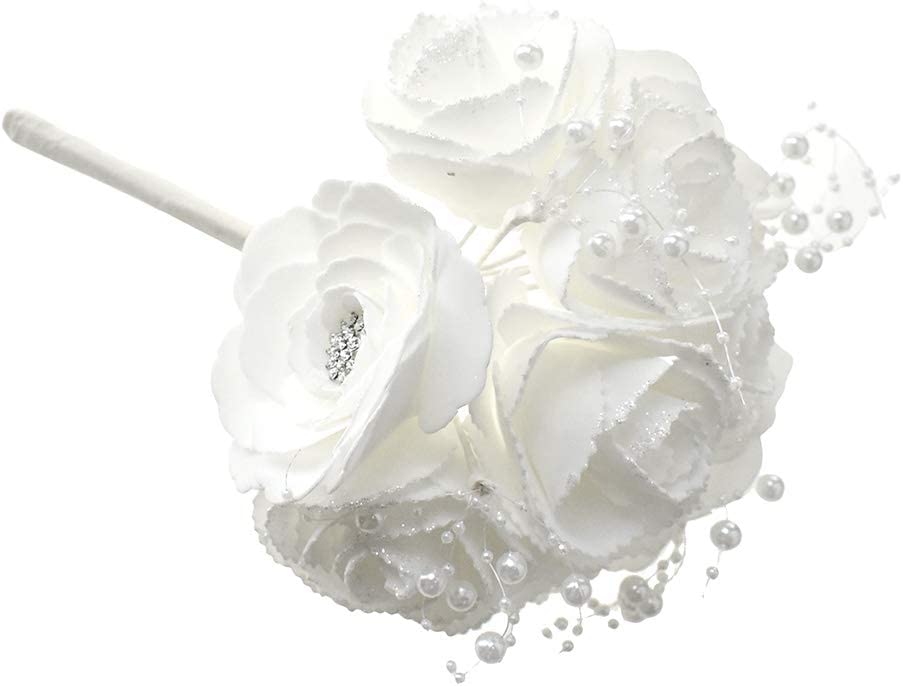 Glitter Foam Rose Bouquet with Pearl Spray and Rhinestones, 9-inch, White