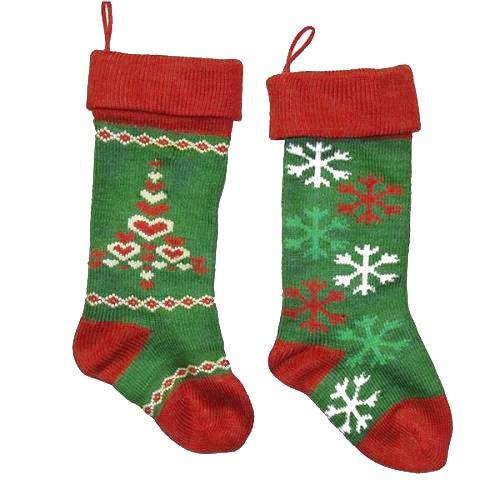 Snowflakes Knitted Yarn Christmas Stockings, Green, 18-Inch, 2-Piece