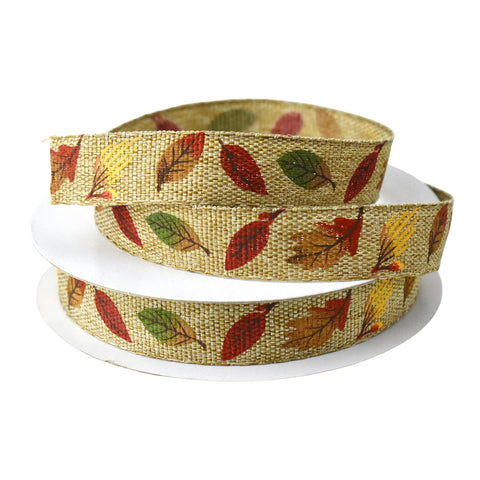 Fall Leaves Faux Linen Ribbon, 5/8-inch, 10-yard